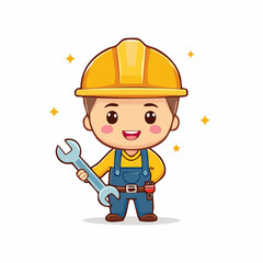 Charming cartoon builder character in a yellow construction helmet and overalls, happily holding a wrench, a cheerful and friendly vector illustration of a skilled handyman