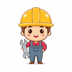 Smiling cartoon builder character in a yellow safety helmet holding a wrench. Cute chibi boy mascot for construction or repair services