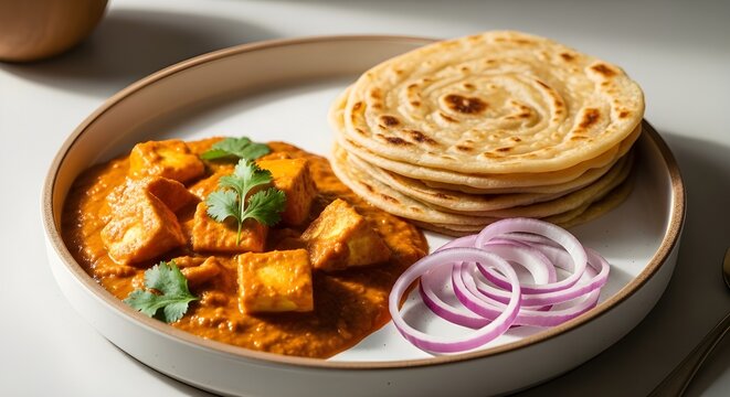 Spicy Paneer Masala Curry with Paratha and Fresh Onions