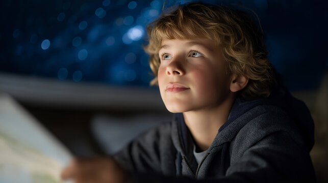 Child amazed while using augmented reality star map projected in the night sky, representing immersive learning, digital exploration, and technological education outdoors. cinematic color