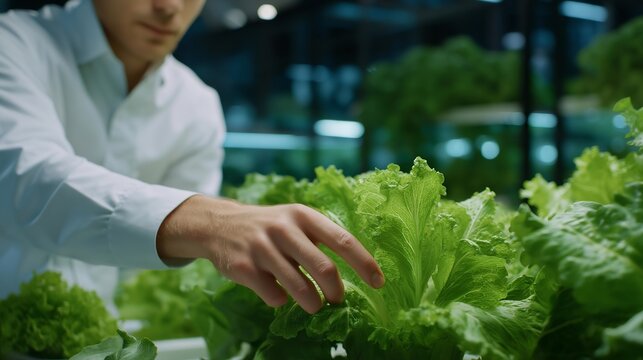 Chef selecting fresh vegetables in a vertical smart farm using augmented reality and IoT sensors to check freshness and nutrient content, representing modern agriculture, precision farming, and