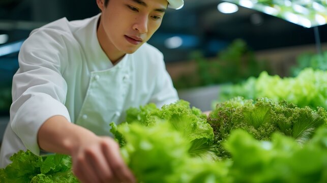 Chef selecting fresh vegetables in a vertical smart farm using augmented reality and IoT sensors to check freshness and nutrient content, representing modern agriculture, precision farming, and