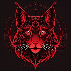 Obraz premium A fierce feline visage rendered in vibrant red outlines against a dark backdrop, featuring intricate details and a geometric halo