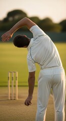 Cricket Player Stretching Arm on Pitch, White Uniform, Sportsman Preparing for Game, Outdoor Training