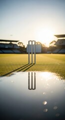Cricket Stumps Reflected in Water Puddle on Green Field at Sunset, Empty Stadium Background, Outdoor Sports Arena