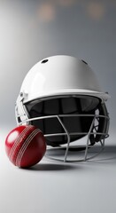 Red Cricket Ball Next To White Cricket Helmet Isolated On Light Grey Background Studio Shot Sport Equipment Safety