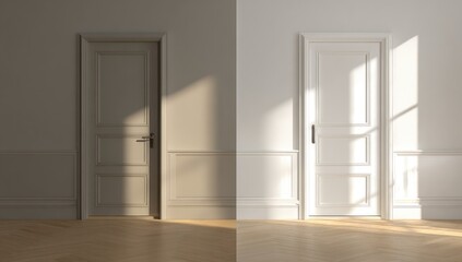 Fototapeta premium Elegant interior design featuring a classic wooden door, bathed in natural sunlight.