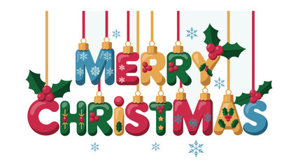 Naklejka premium Joyful Christmas Typography: Festive letters spelling Merry Christmas, each uniquely adorned with ornaments and decorations, evoke the spirit of the holiday season, radiating warmth and happiness.