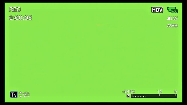 High-definition video recording interface with timecode and recording status indicators on a bright green screen background, ideal for video editing and production