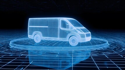 Futuristic cargo van design prototype rotates on a digital grid workspace innovation