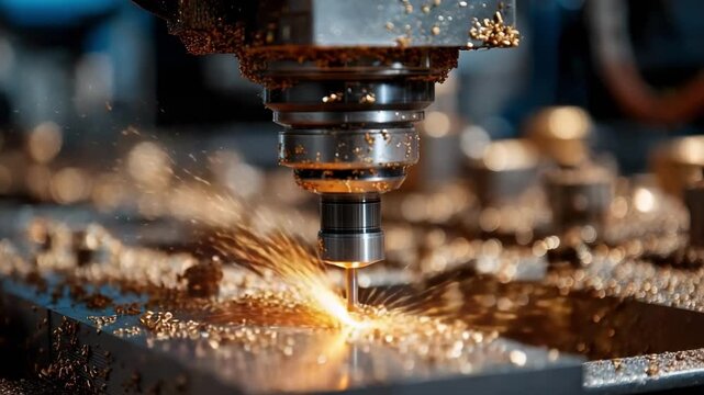 CNC milling machine cutting metal with a rotating end mill, sparks flying as material is shaved from the workpiece.