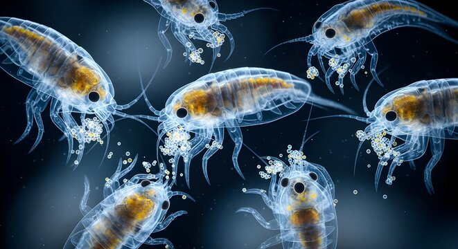 Detailed microscopic view of copepods swimming in clear ocean water, showing transparent bodies and internal anatomy. Marine biology and environmental science concept