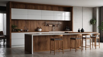 Modern kitchen featuring wooden cabinetry and minimalist design with a spacious island and stylish stools.