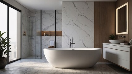 Modern bathroom with a sleek freestanding bathtub, neutral tones, and natural light streaming through large windows.