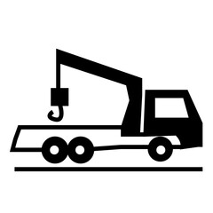 Black and white vector illustration of a tow truck with a crane hook, designed in minimal geometric style. Perfect for use in construction, transportation, automotive, or logistics-related design proj