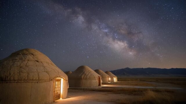 A row of rounded yurts with warm lights shines in a desert at night under a starry sky with the Milky Way.