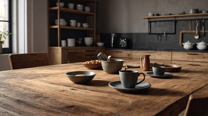 Rustic kitchen setting with wooden table and handcrafted ceramics, creating a warm and inviting atmosphere.
