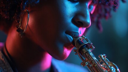 Woman Playing Saxophone in Moody Lighting Close Up Jazz Performance