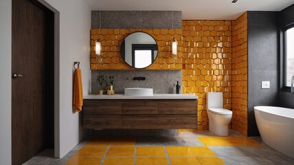 Stylish modern bathroom featuring a unique honeycomb tile accent wall and wooden furnishings.