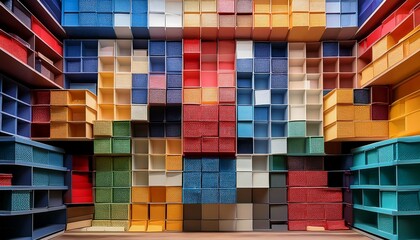 Abstract Background of Colorful Storage Boxes and Shelves