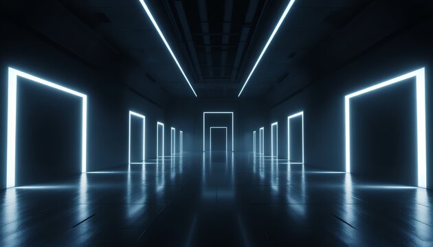futuristic corridor illuminated by glowing rectangular neon door frames with reflective polished