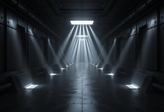 Dark industrial corridor illuminated by dramatic beams of light from overhead openings