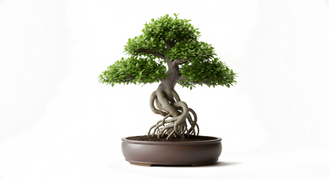 Unique bonsai tree with exposed roots in a pot, perfect for nature lovers seeking tranquility