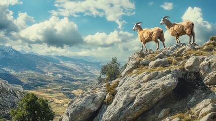 Naklejka premium Alpine sentinels: majestic goats observing mountain panorama in high altitude
