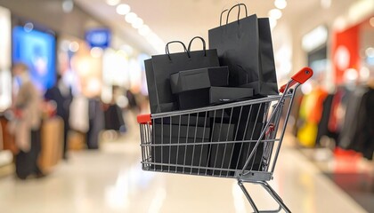 Trolley cart full of shopping bags and gift boxes on blurred shopping mall background. Black Friday sale discounts.