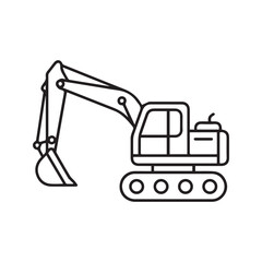 Excavator linear icon. Construction machinery outline symbol. Heavy equipment for digging and building. Simple digger vector illustration isolated on white.
