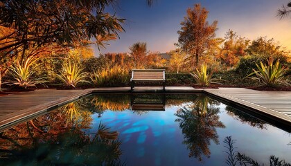 Bench Over Reflecting Pool in a Beautiful Autumn Sunset Garden
