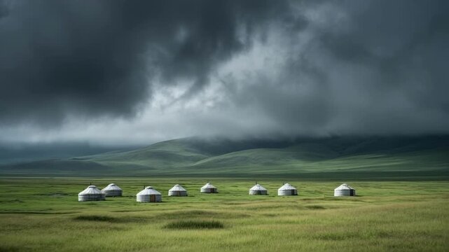 Row of white yurts on a green plain beneath a looming, stormy sky.