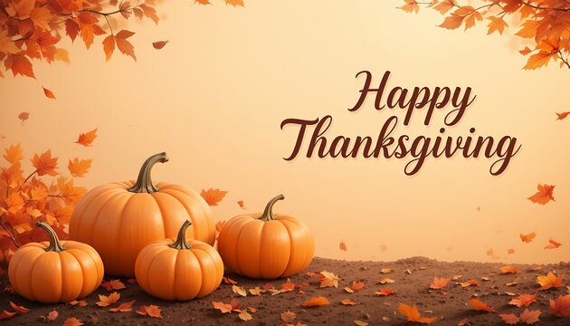 Autumn harvest pumpkins and falling leaves surrounding warm thanksgiving greeting message