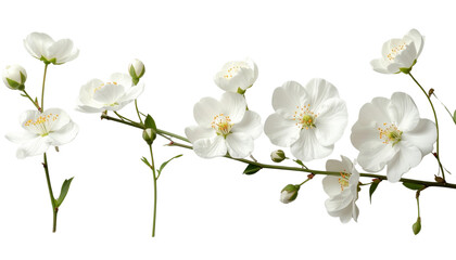 Single white flower blooming on a branch isolated on a white background