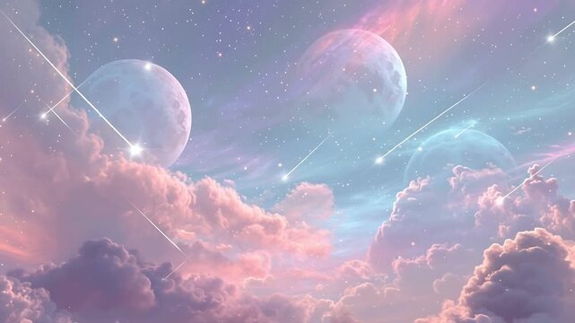 Dreamy Cosmic Sky with Pastel Clouds, Distant Planets and Shooting Stars in a Fantasy Nebula Landscape