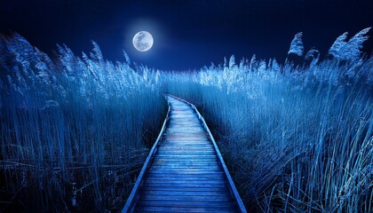 Wooden Boardwalk Through Tall Reeds Under Full Moon at Night
