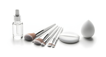 A still life of makeup brushes serum bottle and sponges on a white surface in bright lighting