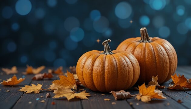 Two rustic pumpkins surrounded by autumn leaves on a dark wooden table with a soft bokeh background - Powered by Adobe