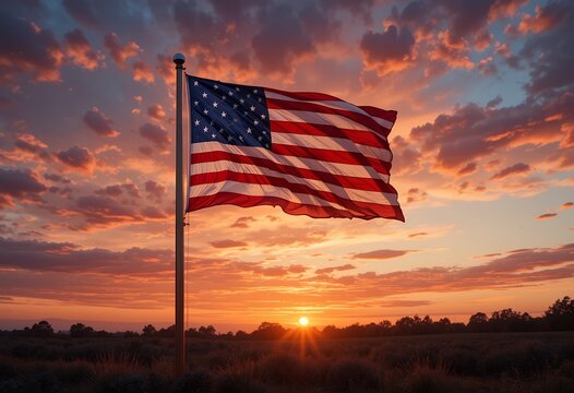 american flag flying high against a vibrant sunset sky with glowing clouds and natural landscape - Powered by Adobe