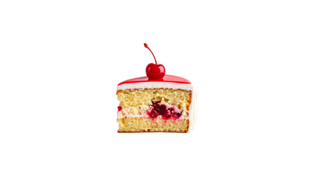 Delicious cherry cake slice with cream and fruits isolated on white background