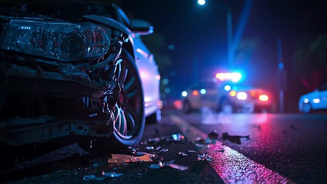 Car crash accident emergency police lights night accident scene damaged vehicle road safety investigation