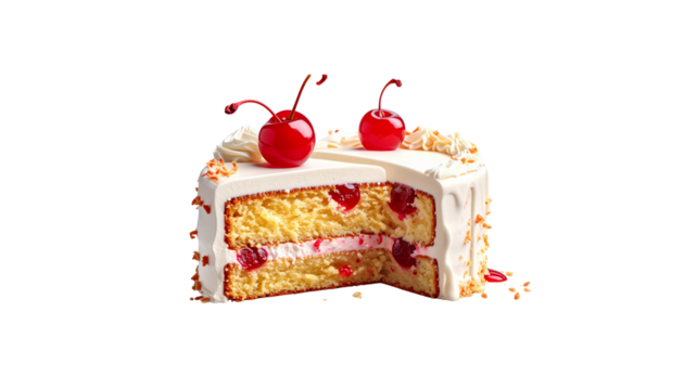 Delicious cherry cake slice with cream and fruits isolated on white background