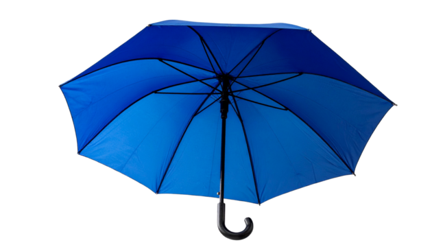 Blue umbrella open for protection from weather. Single object concept isolated on white background