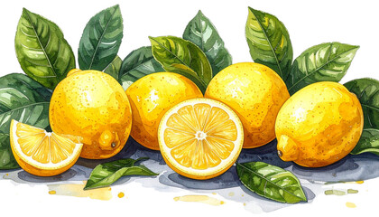 Citrus fruits such as fresh yellow lemons on a white background
