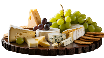 Assorted cheeses and grapes beautifully arranged on a rustic wooden board on transparent background