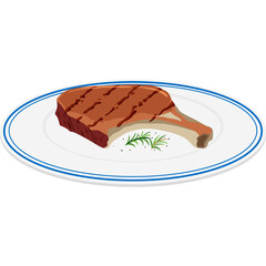 Juicy Grilled Pork Chop Served on a White Plate with Blue Rim and Garnished with Rosemary Sprigs and Black Pepper Flakes