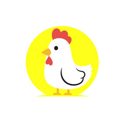 A charming and simple cartoon chicken illustration. This cute white hen character with a red comb stands against a bright yellow circle, perfect for a farm or food logo design