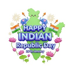 Happy Indian Republic Day 3D Illustration - India Map, Flags, Elephants, Lotuses