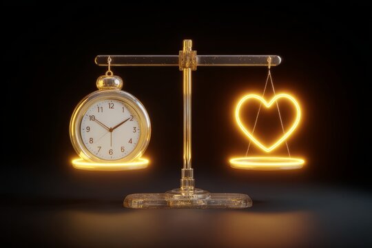 Work-life balance concept — glowing scale balancing clock and heart on dark background