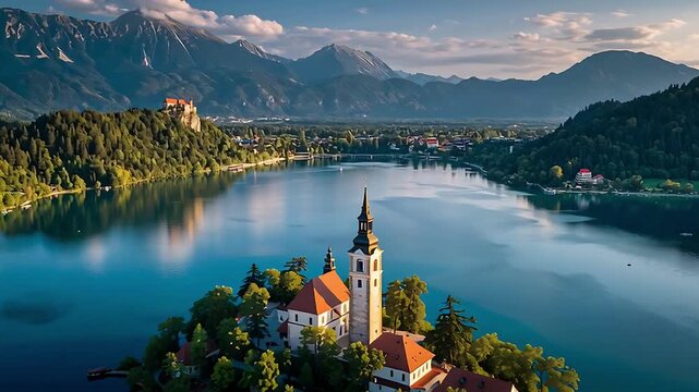 Lake bled slovenia island church mountains travel tourism nature landscape aerial view drone scenery europe 100